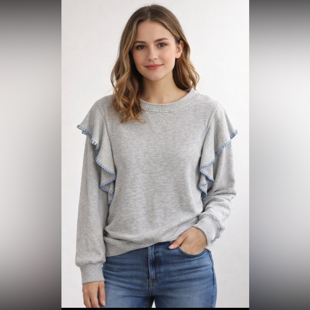 Democracy Brushed Sweater Knit Ruffled Top Light Heather‎ Gray Blue Ruffle Trim